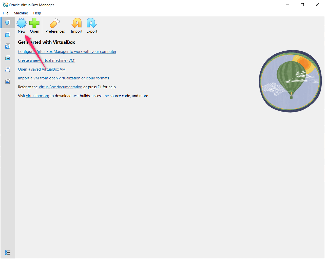 max-width:960px VirtualBox Manager main screen with New button highlighted